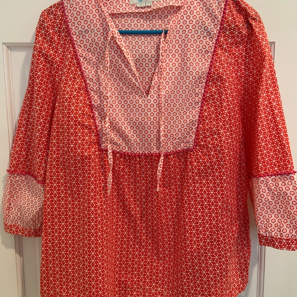 Boden Red and White Printed Peasant Blouse